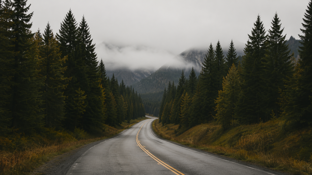 An image of an empty road in the Pacific Northwest as travelled in The Field of Furze - an Upmarket fiction / literary fiction with commercial crossover